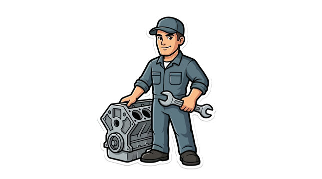 Cartoon mechanic worker holding wrench near car engine