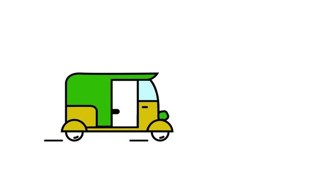Auto rickshaw line icon animation for ride sharing and city transport concept, three wheeler taxi transport animation.