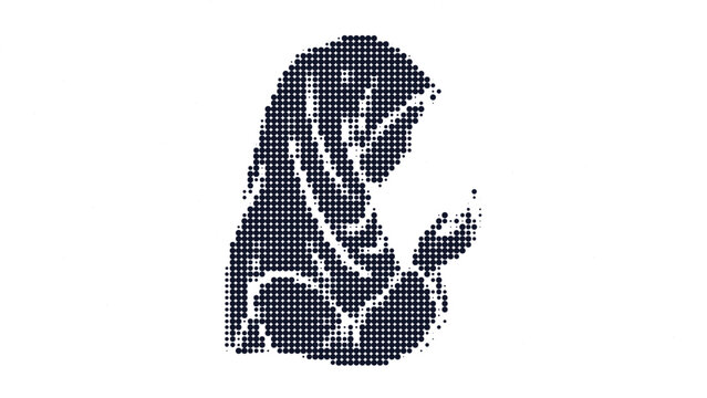 Woman in hijab and robe depicted with dark blue dots, representing cultural or religious attire.