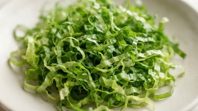 Fresh green cabbage shredded into a delicate flame-chiffonade cut on a white ceramic plate, offering a vibrant ingredient for healthy cooking.