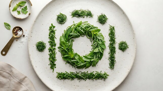 Artistic presentation of fresh green herbs arranged in a circular design on a white plate featuring flame-chiffonade cutting technique.