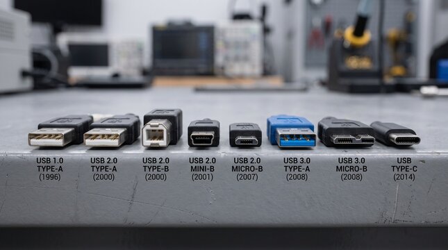 Exploring the diverse range of universal serial bus (USB) connectors, illustrating the progression of digital connectivity and power delivery