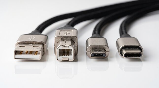 Assortment of different USB cable types and connectors on a clean white background for data transfer and charging