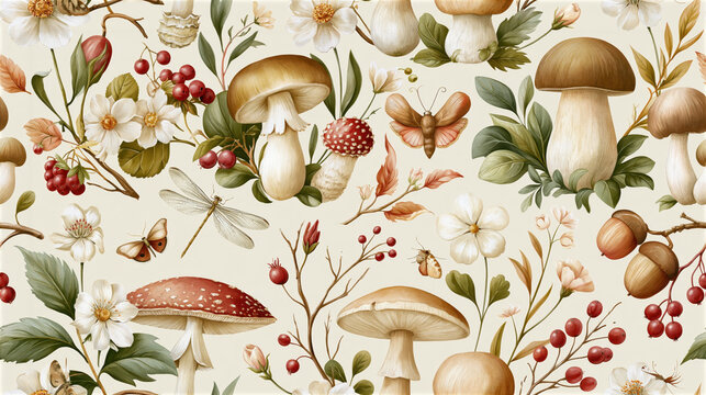 Vintage mushroom pattern forest fungi botanical illustration poisonous mushroom edible mushroom woodland floral autumn harvest butterfly dragonfly seamless background nature art wild berry acorn