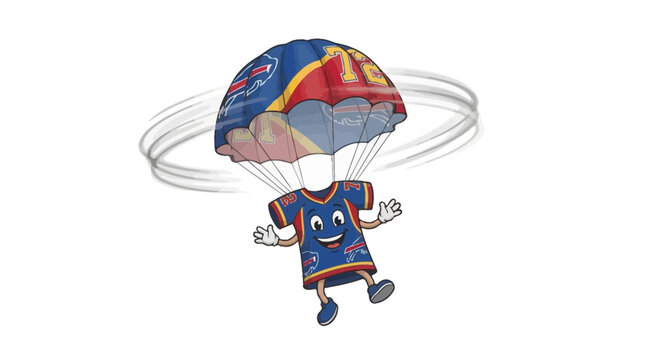 Sports jersey cartoon character descending with a parachute.
