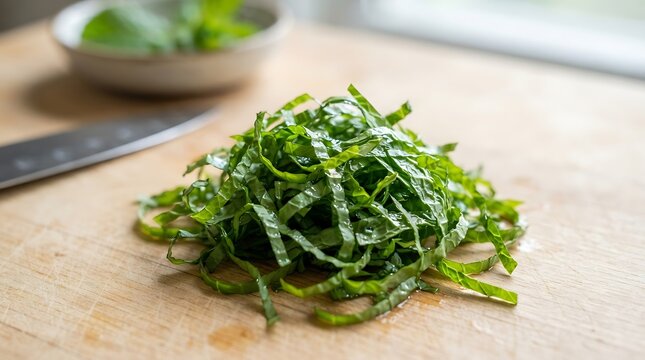 Freshly sliced green basil herbs prepared in a flame-chiffonade cut on a wooden cutting board with a kitchen knife in the background.