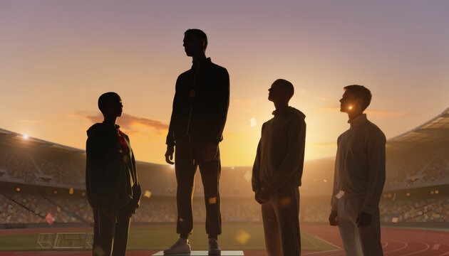 Athl&egrave;tes victorieux sur le podium dans un stade lors du coucher du soleil