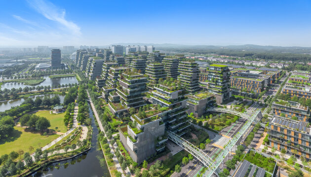 Ville du futur &eacute;cologique avec b&acirc;timents v&eacute;g&eacute;talis&eacute;s et &eacute;nergie durable