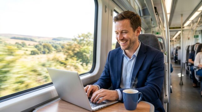 Smiling man working on laptop inside train by window. Business travel and remote work concept. Businessman commuting and using computer during railway journey
