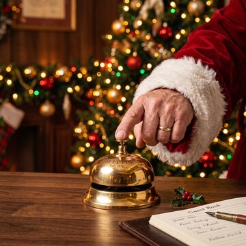 Santa Claus hand pressing polished brass service bell on hotel reception counter
