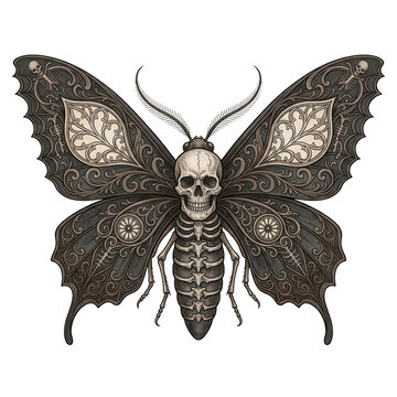 Illustrazione artistica di una farfalla gotica con un teschio umano al posto del corpo e ali decorate con intricati motivi floreali in stile vintage su sfondo bianco isolato