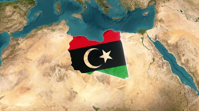 3D Satellite Map Animation Highlighting Libya with Flag Texture and Waving National Flag
