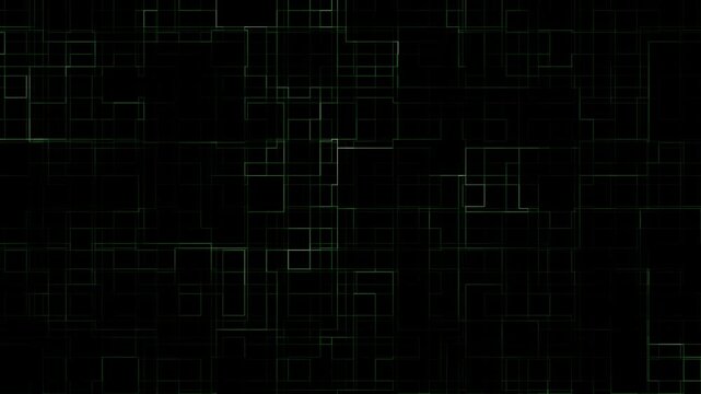 Abstract geometric network of glowing green lines on a dark black background