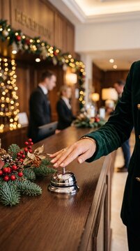 Elegant hand in velvet jacket pressing chrome hotel service bell with festive decor