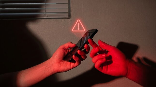 Urgent digital security alert displayed on a smartphone held by hands bathed in a stark red light, symbolizing online threats, data privacy risks, and cyber danger