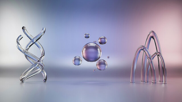 Abstract glass sculptures featuring a spiral helix, floating spheres, and curved glass arches