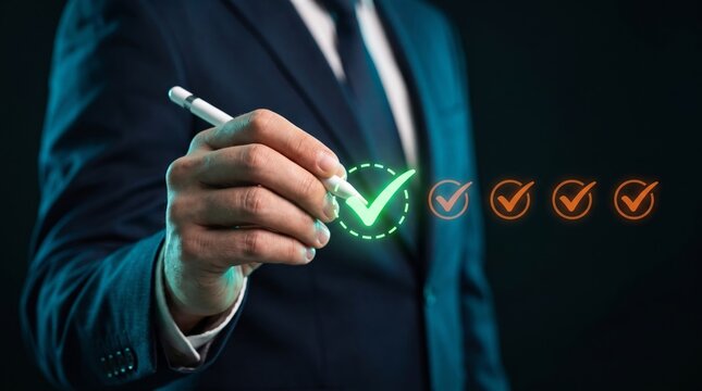 Professional hand marking a glowing green checkmark on a digital display, symbolizing successful task completion, validation, and quality assurance in a business workflow
