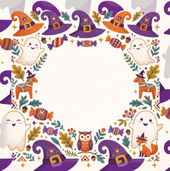 Fototapeta premium Cute Vintage Halloween Pattern with Ghosts, Witch Hats, Candy, Foxes and Owls