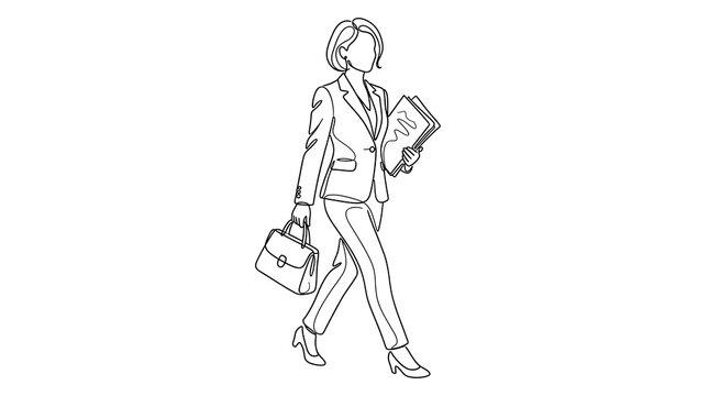Businesswoman walking with shopping bags and tablet in minimalist line art style