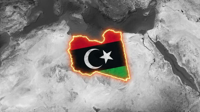 3D Dark Satellite Map Animation Highlighting Libya with Flag Texture and Waving National Flag