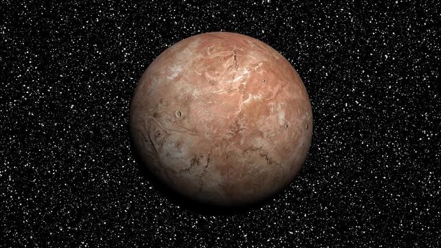 Dwarf planet Makemake rotating in deep space with a dense starfield background.