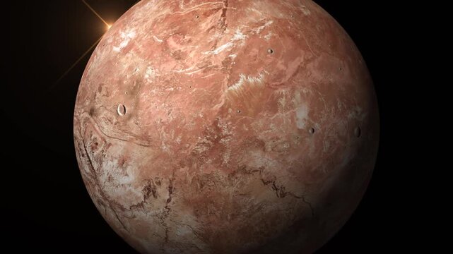 Red dwarf planet Makemake rotating in deep space with distant sun flare background.