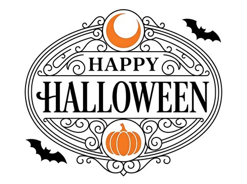 Happy Halloween decorative graphic with pumpkin moon and bats design
