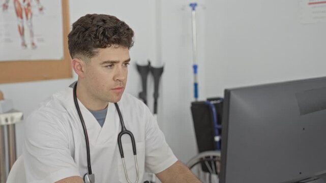 Man doctor with stethoscope typing on computer at desk in building, hands on keyboard; quiet concentration.