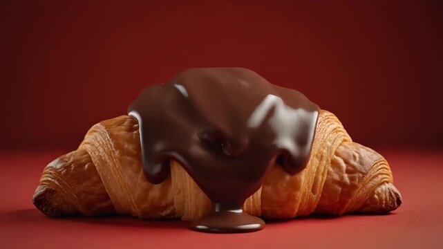 Macro video of chocolate cream enveloping a crisp croissant on vivid background with strong contrast
