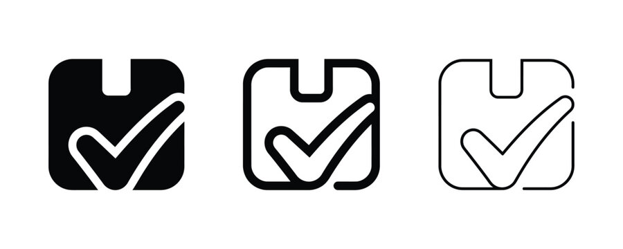 Set of three shipping box icons featuring a checkmark symbol representing order delivery confirmation and logistics tracking status for web applications