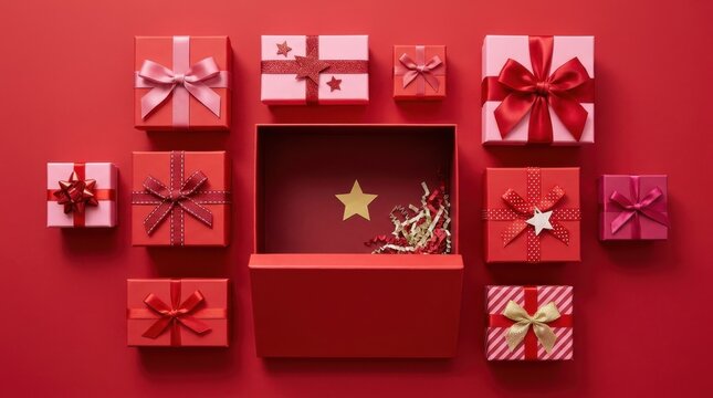 Elegant Red and Pink Christmas Gift Boxes with Open Box and Gold Star on Red Background