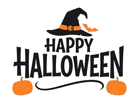 Happy Halloween graphic design featuring witch hat and pumpkins illustration