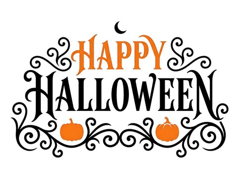Happy Halloween decorative text with pumpkins and moon design