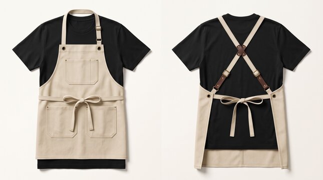 Blank beige canvas apron mockup on a black t-shirt showing front and back views, professional workwear template for barista, chef, or barber.