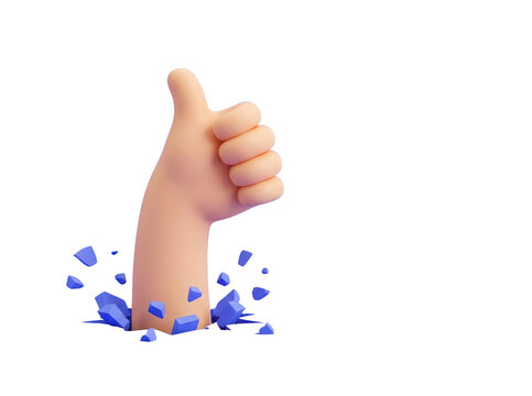 Illustrazione 3D di una mano stilizzata che emerge da una superficie rotta facendo il gesto del pollice in su, simbolo di approvazione, successo e feedback positivo su sfondo bianco.