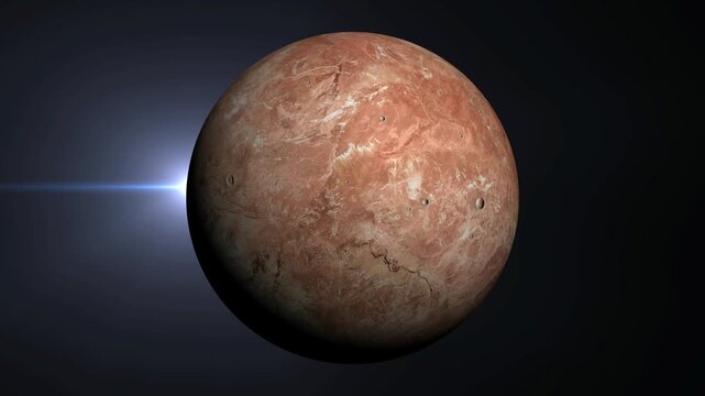 Cinematic view of a rocky dwarf planet rotating in deep space with a bright sun flare.