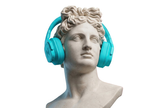 Una scultura classica in gesso di un busto maschile greco che indossa moderne cuffie wireless di colore turchese brillante, isolata su uno sfondo bianco puro per un design contemporaneo.