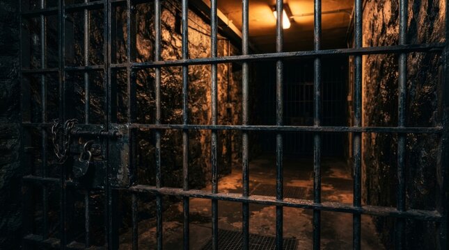 Prison corridor behind metal bars. Empty jail cell block hallway with locked gate. Criminal justice, imprisonment and punishment concept