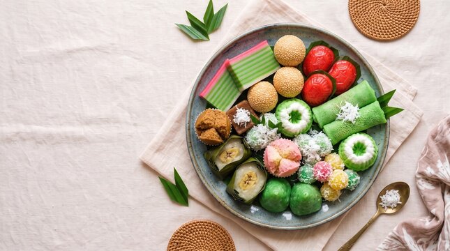 Assortment of Traditional Indonesian Cakes Jajanan Pasar Flat Lay on Plate with Copy Space