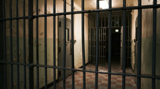 Prison corridor behind metal bars. Empty jail cell block hallway with locked gate. Criminal justice, imprisonment and punishment concept