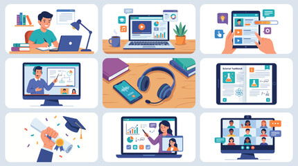 Fototapeta premium Online education concept collection with students studying, video lectures, and digital learning tools