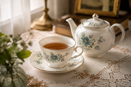 A porcelain teacup and teapot arranged at an angle, spout facing away in soft window light.