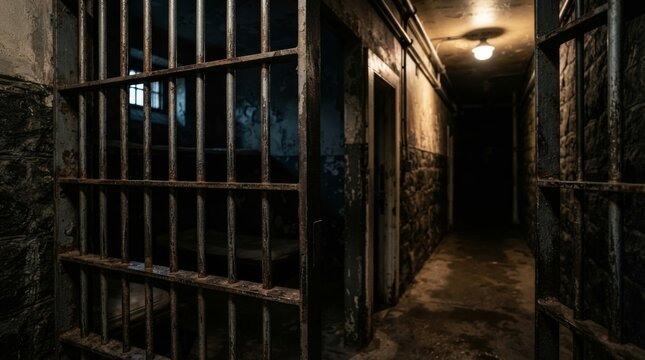 Prison corridor behind metal bars. Empty jail cell block hallway with locked gate. Criminal justice, imprisonment and punishment concept