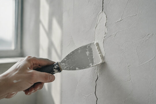 Putty knife applying spackle over a crack in a textured wall.