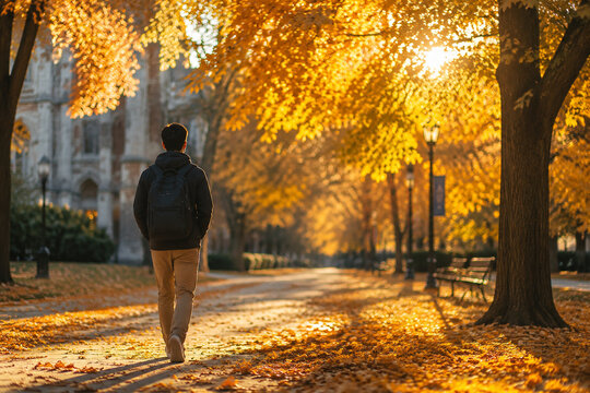 A student walks down a campus path covered in autumn leaves during golden hour.