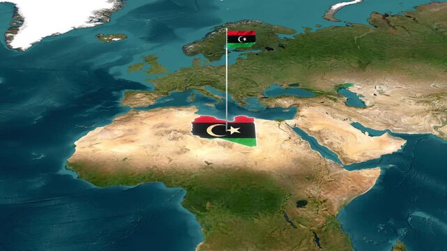 3D Satellite Map View Highlighting Libya with Flag Texture and Waving National Flag