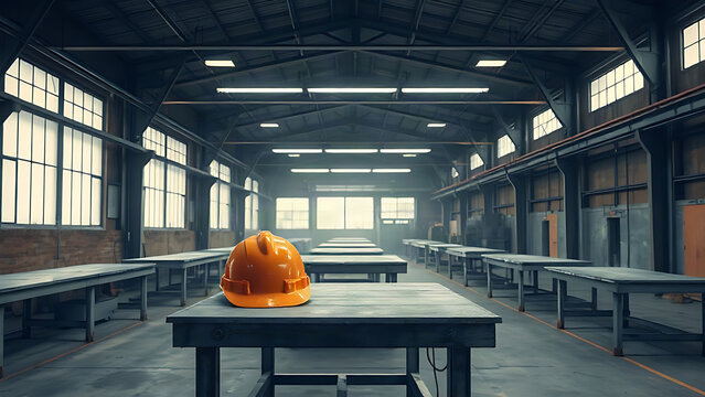 Empty factory floor with workbench and orange helmet, economic downturn and safety concept