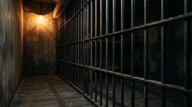 Prison corridor behind metal bars. Empty jail cell block hallway with locked gate. Criminal justice, imprisonment and punishment concept