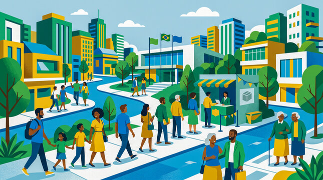 Flat vector illustration of diverse people walking and queuing near a government building in a colorful Brazilian city