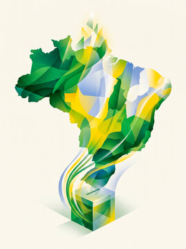 Abstract illustration of the map of Brazil in national flag colors flowing into a ballot box, representing elections and democracy